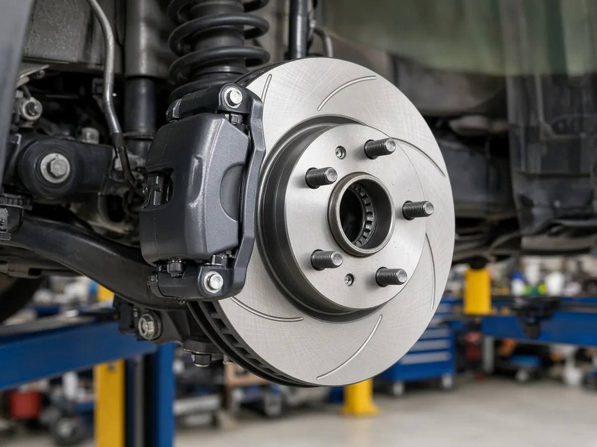 Brake rotor and caliper on a vehicle raised on a lift