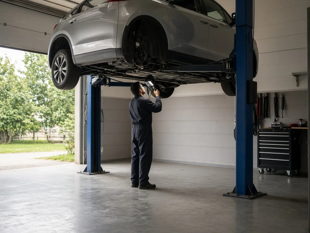Mechanic inspecting the underside of a silver SUV raised on a two-post lift