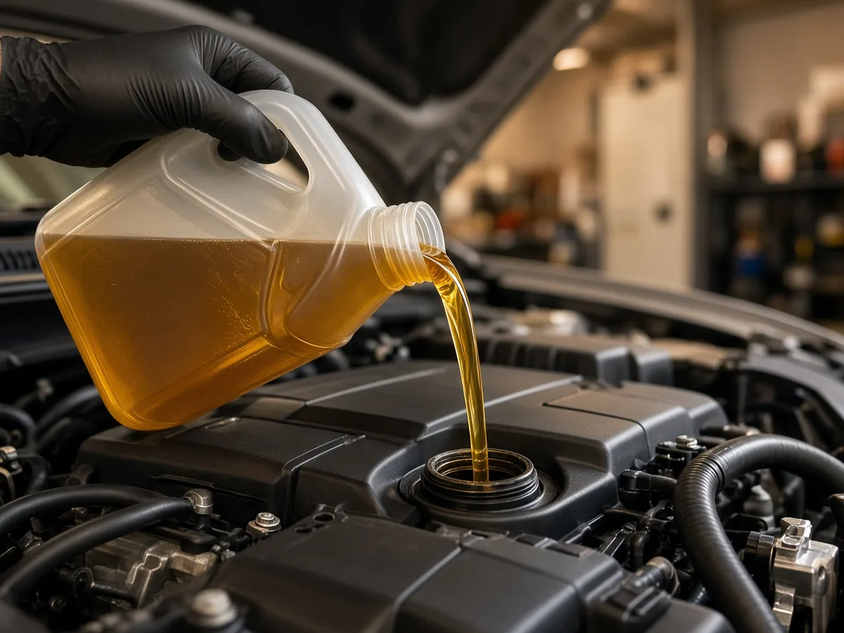 Gloved hand pouring engine oil from a jug into an engine