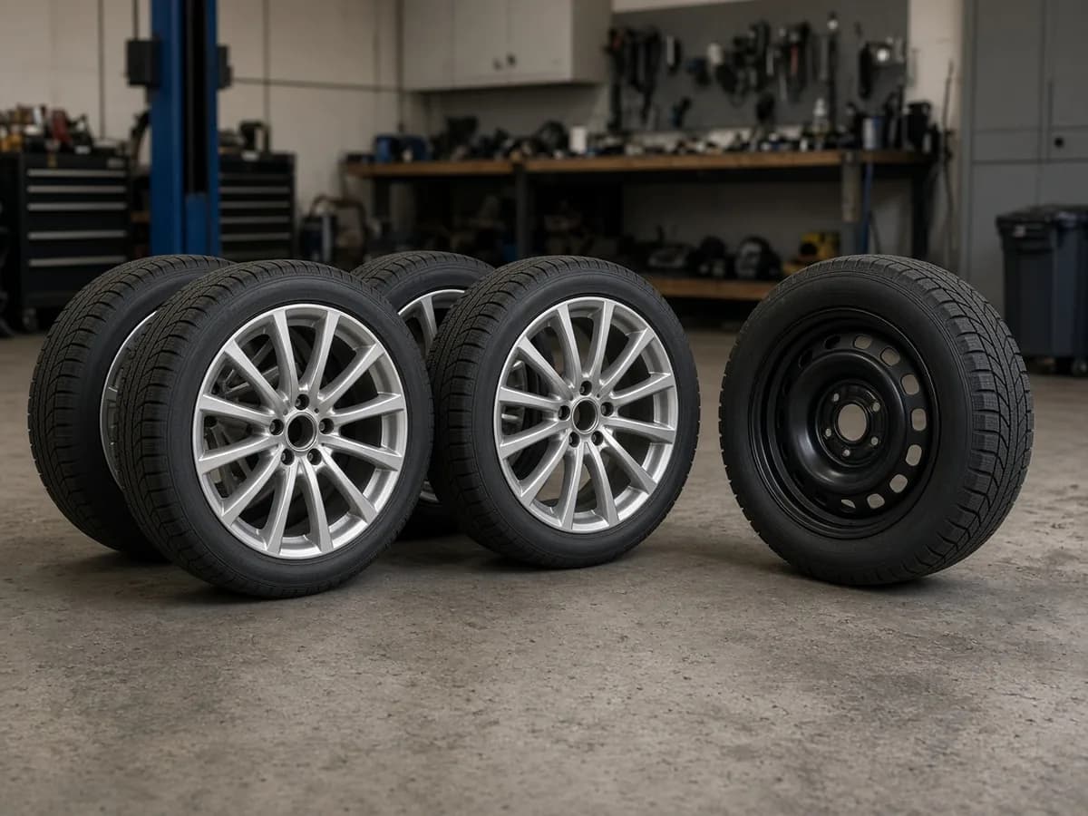 Alloy wheels and a black steel rim with tires standing on a shop floor